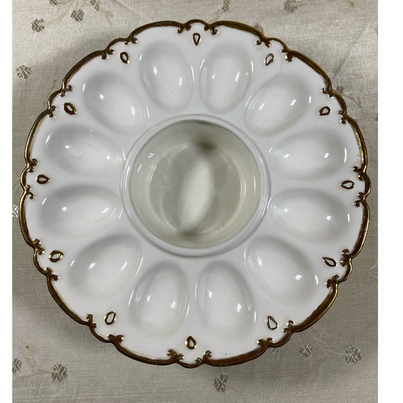 Vintage White Ceramic Deviled Egg Plate with Gold Trim - Picture 1 of 5